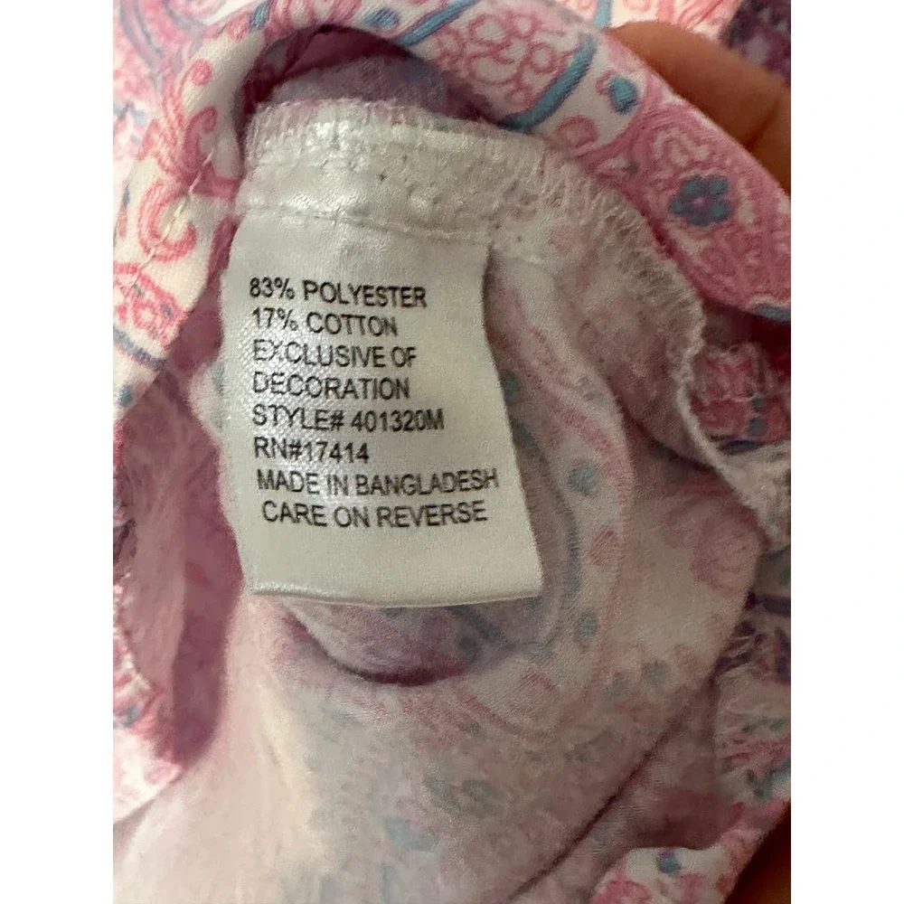 Miss Elaine Pajama Set Pink Blue Paisley Button Front Top Elastic Pants Large